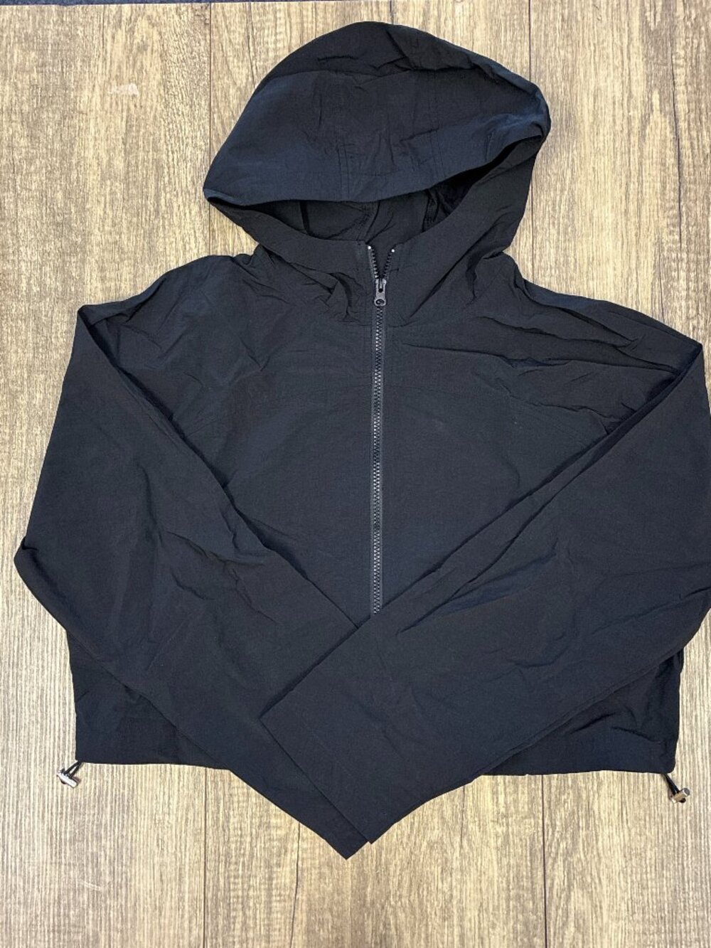 Nylon Cropped Zip Hoodie- Black